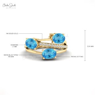 Crossover Real 14k Gold Ring With 2.16 Ct Swiss Blue Topaz Diamond Birthstone Ring