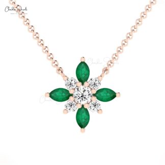 Snow Flake Chain Necklace With 4x2mm Emerald And Diamond Cluster Necklaces In 14k Real Gold