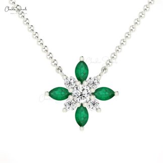 Snow Flake Chain Necklace With 4x2mm Emerald And Diamond Cluster Necklaces In 14k Real Gold