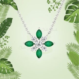 Snow Flake Chain Necklace With 4x2mm Emerald And Diamond Cluster Necklaces In 14k Real Gold
