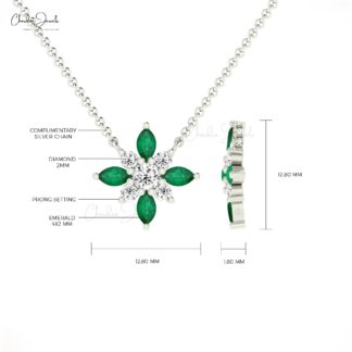 Snow Flake Chain Necklace With 4x2mm Emerald And Diamond Cluster Necklaces In 14k Real Gold
