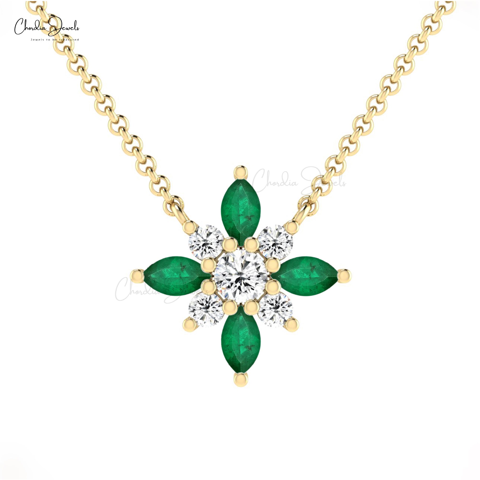 Snow Flake Chain Necklace With 4x2mm Emerald And Diamond Cluster Necklaces In 14k Real Gold