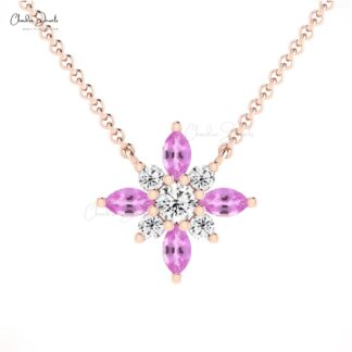 Cluster Snow Flake Pendant In 14k Solid Gold Pink Sapphire And Diamond Chain Necklaces