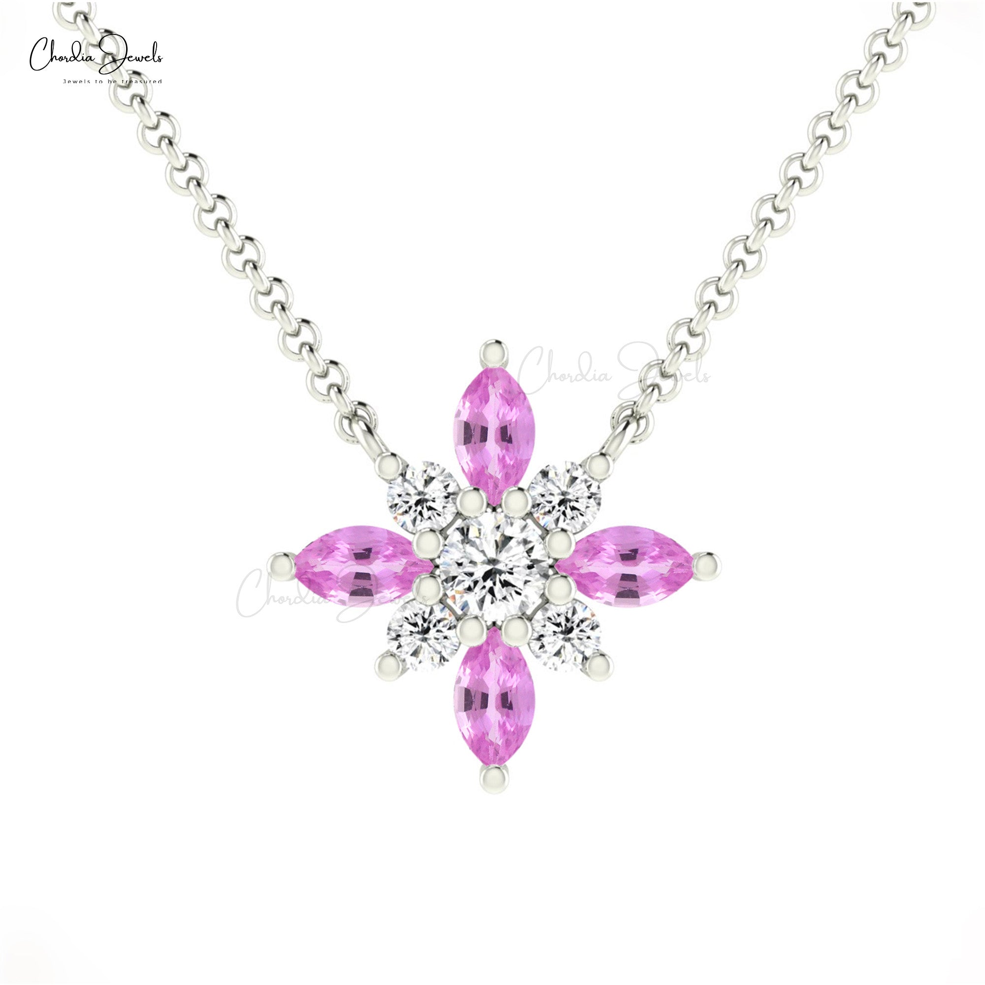 Cluster Snow Flake Pendant In 14k Solid Gold Pink Sapphire And Diamond Chain Necklaces