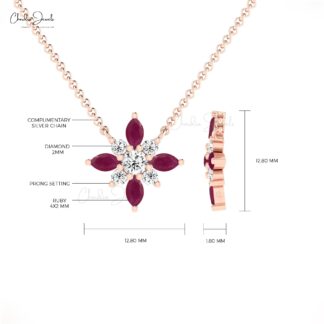 Dual Birthstone Cluster Pendant In 14k Solid Gold Burma Ruby And Diamond Necklace For Her