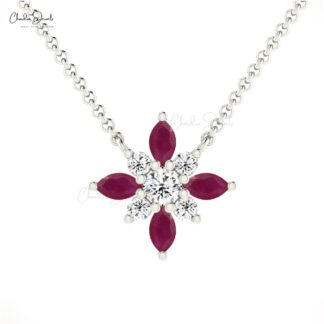 Dual Birthstone Cluster Pendant In 14k Solid Gold Burma Ruby And Diamond Necklace For Her