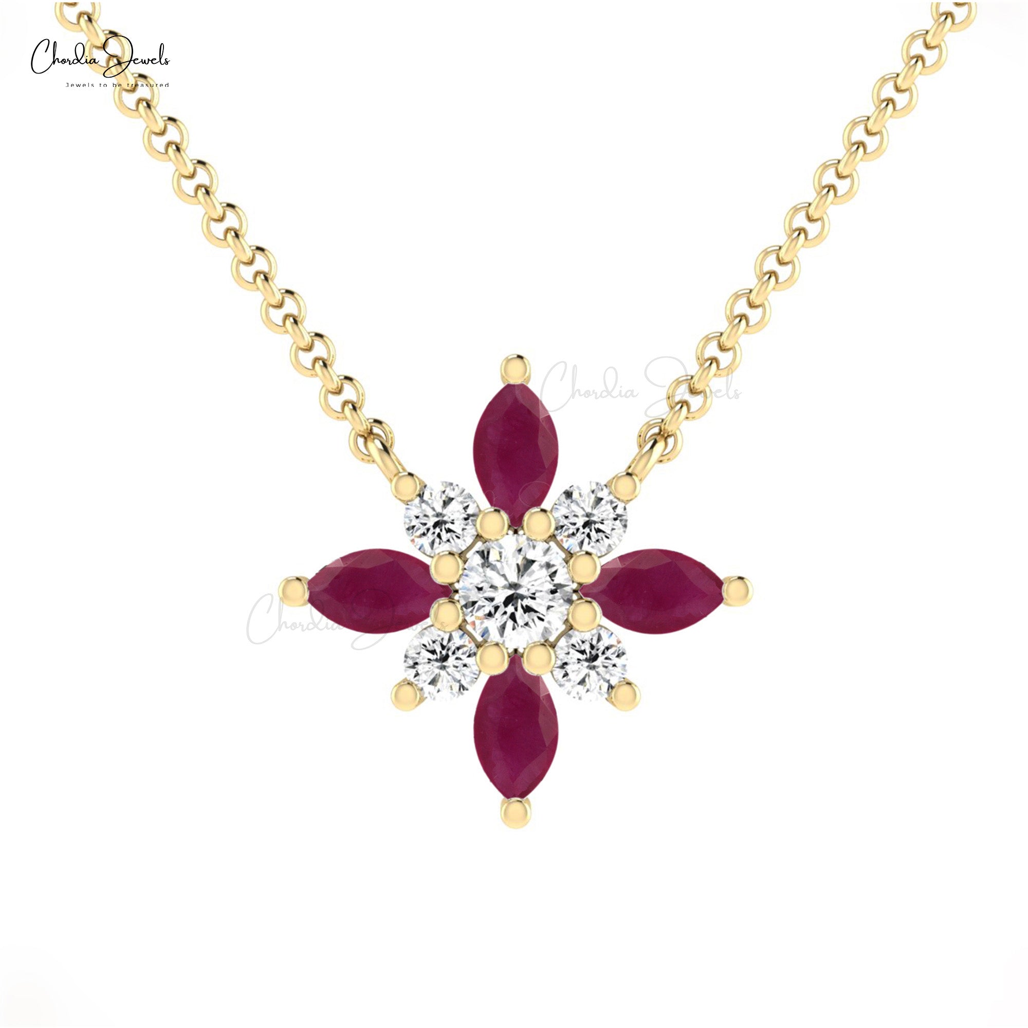 Dual Birthstone Cluster Pendant In 14k Solid Gold Burma Ruby And Diamond Necklace For Her