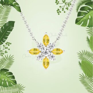 Floral Diamond Necklace With 4x2mm Yellow Sapphire Prong Set In 14k Pure Gold Necklaces