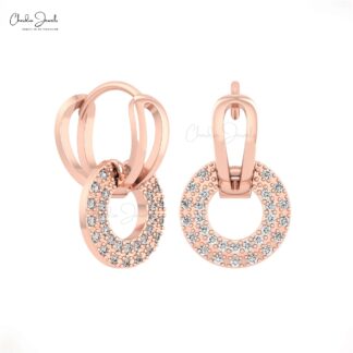 Double Link Huggies Earrings In Solid 14k Gold White Diamond 1mm Round Clip Hoop Earring