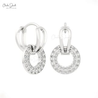 Double Link Huggies Earrings In Solid 14k Gold White Diamond 1mm Round Clip Hoop Earring