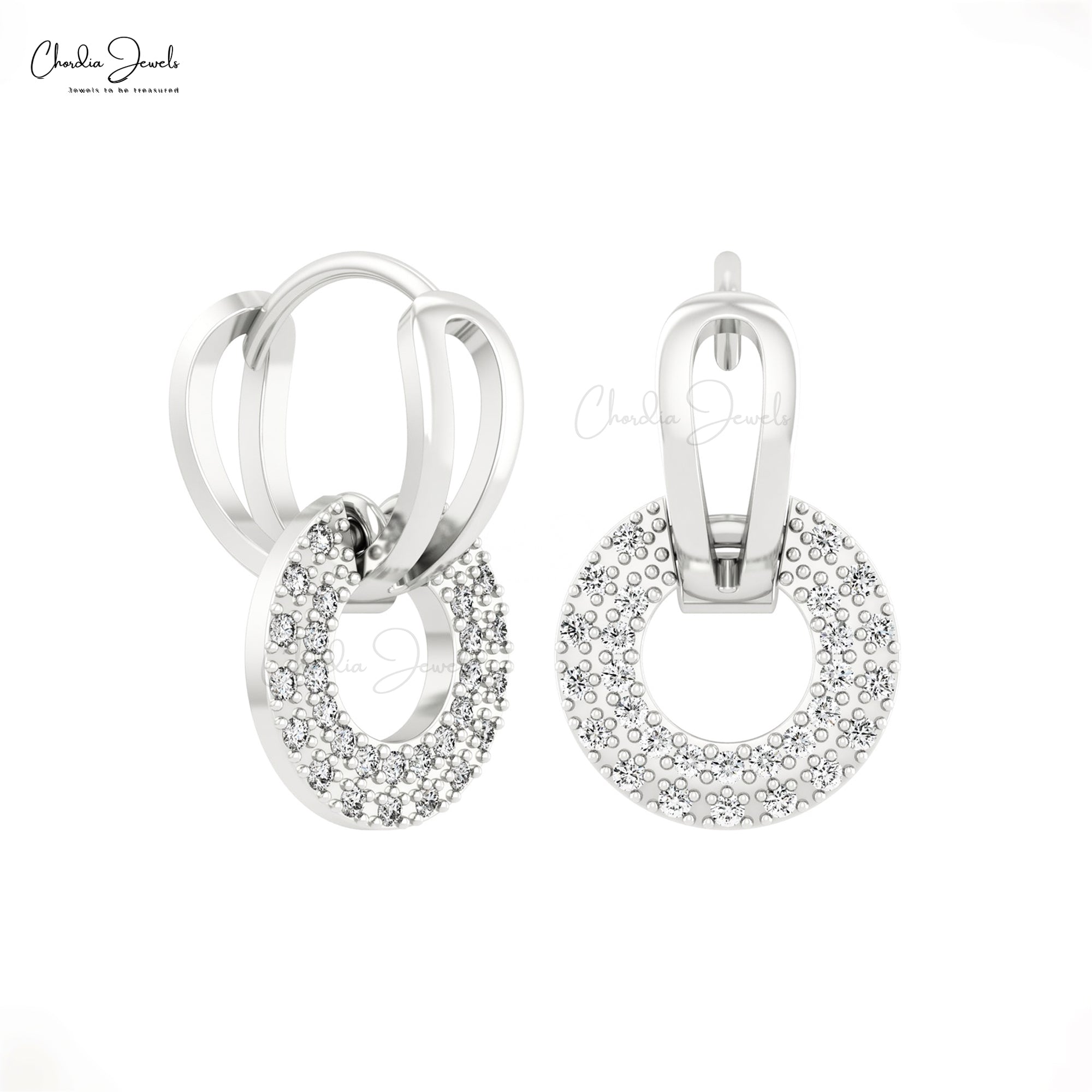 Double Link Huggies Earrings In Solid 14k Gold White Diamond 1mm Round Clip Hoop Earring