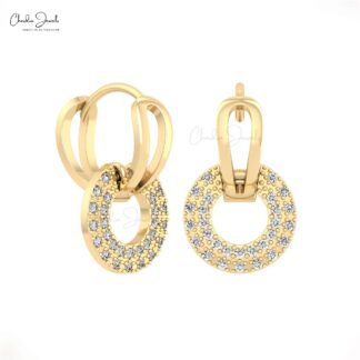 Double Link Huggies Earrings In Solid 14k Gold White Diamond 1mm Round Clip Hoop Earring