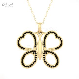 Butterfly Minimal Pendant In 14k Real Gold Black Diamond 1mm Round Cut Necklace For Her
