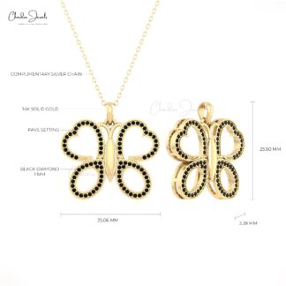 Butterfly Minimal Pendant In 14k Real Gold Black Diamond 1mm Round Cut Necklace For Her