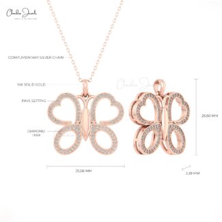 Genuine Diamond Butterfly Pendant With 0.44 Ct Round Pave Set In 14k Gold Fine Jewelry