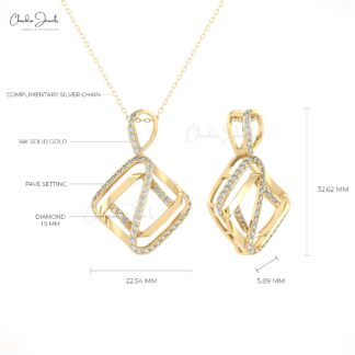 Geomatric Unique Pendant With 0.75Ct Round G-H Diamond 14k Solid Gold Hallmark Pendant