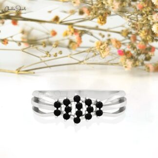 Split Shank Dainty Ring In 14k Solid Gold Black Diamond 0.21 Ct Round Cut Cluster Ring