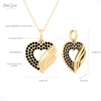 AAA Black Diamond Open Heart Pendant In Real 14k Gold Round Cut Love Fine Jewelry