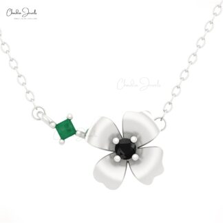 Dainty Floral Women Necklace In 14k Real Gold Emerald And Diamond Thin Chain Necklaces