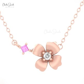 Floral Diamond Chain Necklace With 2mm Pink Sapphire Prong Set In 14k Pure Gold Necklace