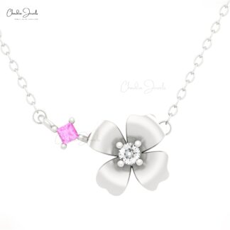 Floral Diamond Chain Necklace With 2mm Pink Sapphire Prong Set In 14k Pure Gold Necklace