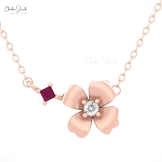 Two Stone Daisy Necklace In 14k Real Gold Burma Ruby And Diamond Floral Chain Necklaces