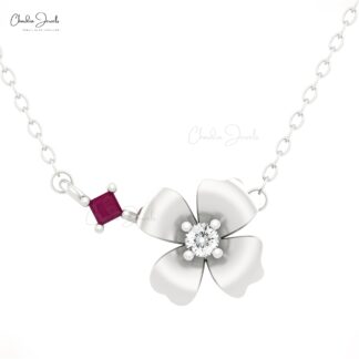 Two Stone Daisy Necklace In 14k Real Gold Burma Ruby And Diamond Floral Chain Necklaces