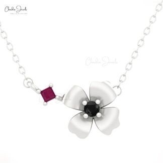 Solid 14k Gold 2 Stone Necklace With 2mm Ruby And Diamond Handmade Floral Necklaces