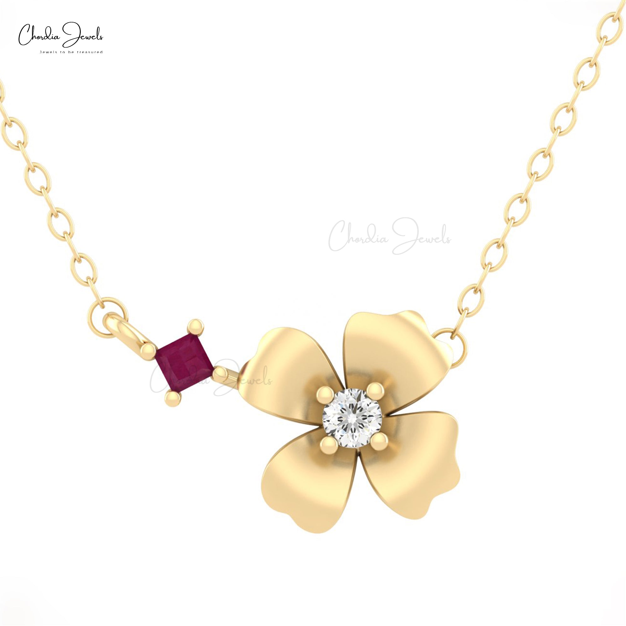 Two Stone Daisy Necklace In 14k Real Gold Burma Ruby And Diamond Floral Chain Necklaces