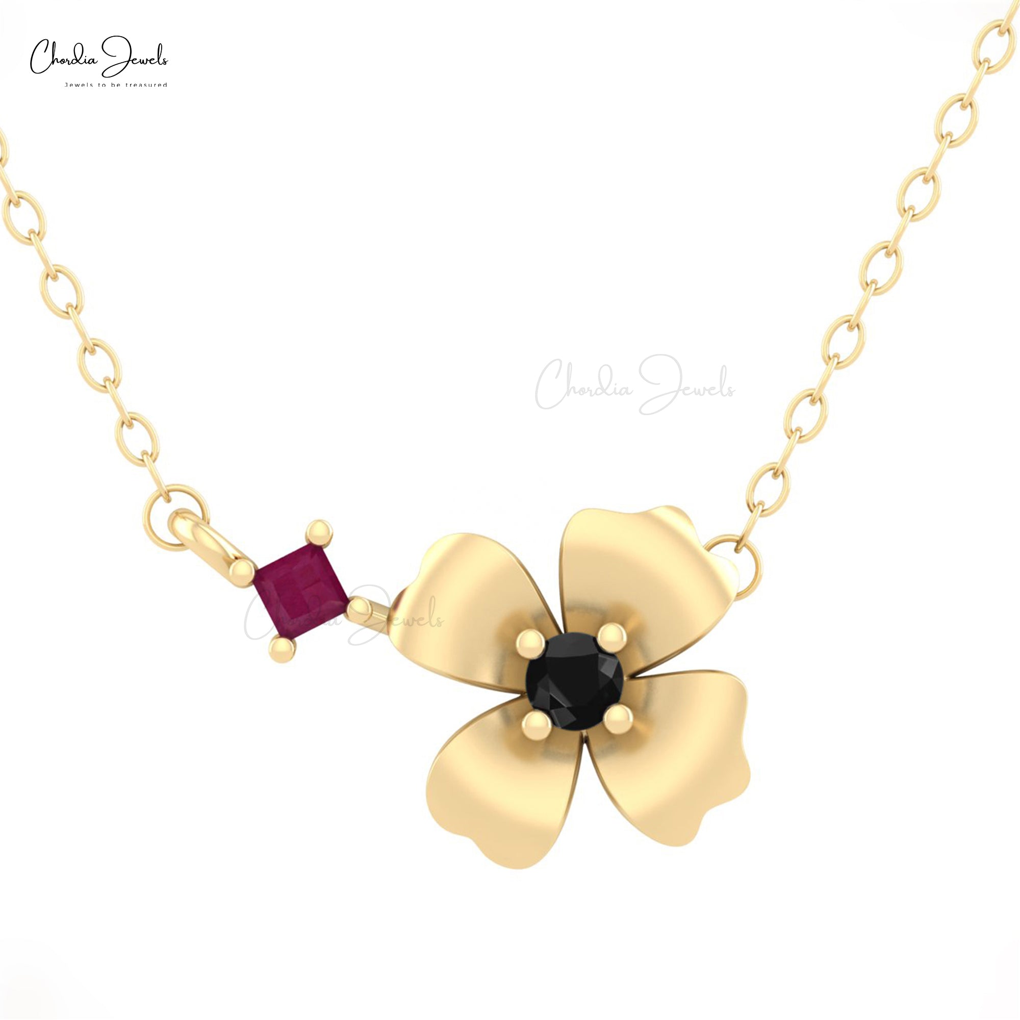 Solid 14k Gold 2 Stone Necklace With 2mm Ruby And Diamond Handmade Floral Necklaces