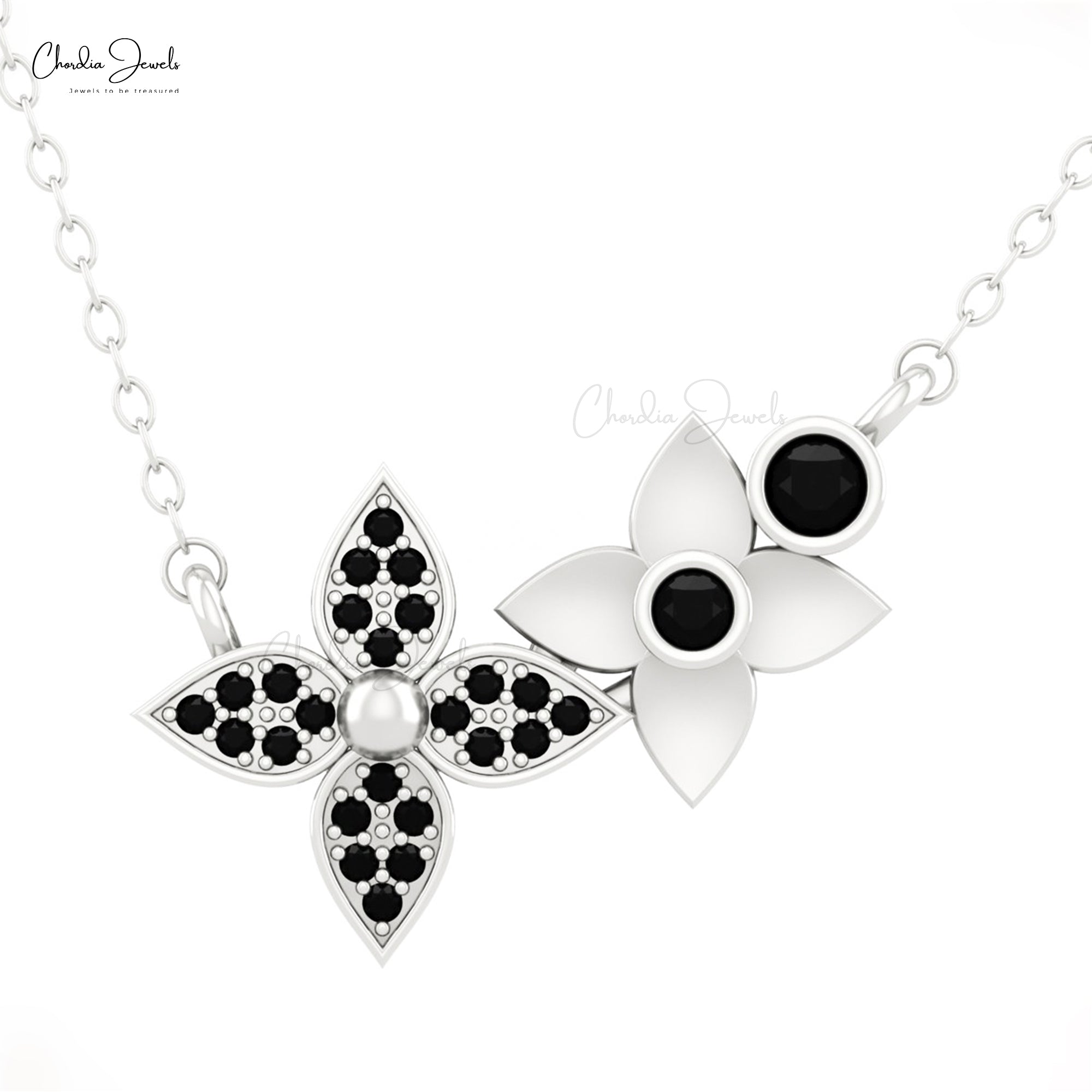 Floral Round Cut Necklace With 2.5mm Black Diamond Bezel Set In 14k Gold Chain Necklace