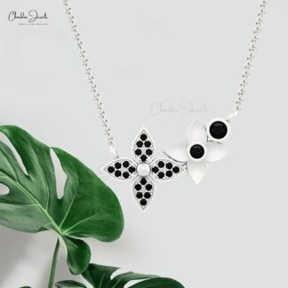 Floral Round Cut Necklace With 2.5mm Black Diamond Bezel Set In 14k Gold Chain Necklace