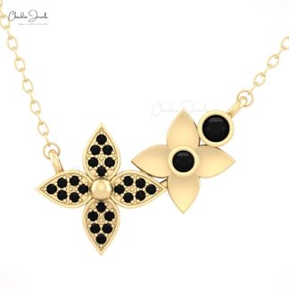 Floral Round Cut Necklace With 2.5mm Black Diamond Bezel Set In 14k Gold Chain Necklace