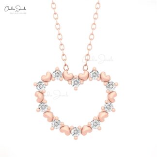 Dainty Round Cut Pendant With 2mm White Diamond Open Heart Necklace In 14k Pure Gold