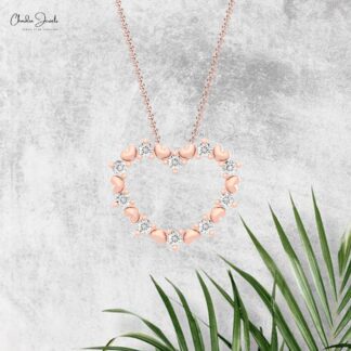 Dainty Round Cut Pendant With 2mm White Diamond Open Heart Necklace In 14k Pure Gold