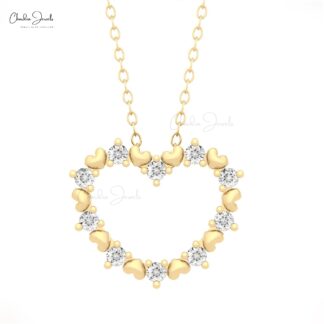 Dainty Round Cut Pendant With 2mm White Diamond Open Heart Necklace In 14k Pure Gold