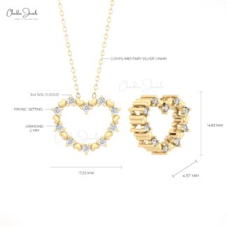 Dainty Round Cut Pendant With 2mm White Diamond Open Heart Necklace In 14k Pure Gold