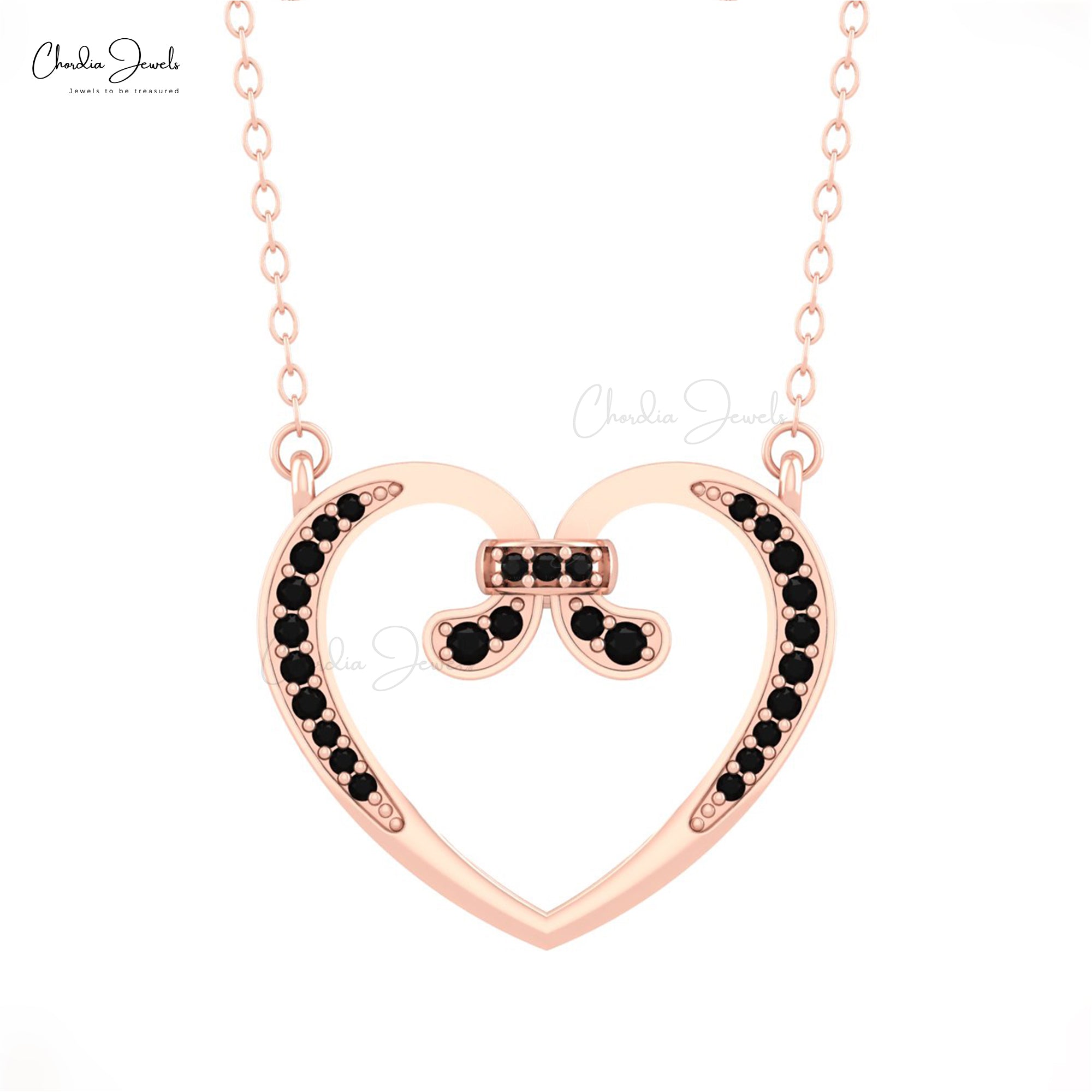 Round Cut Heart Necklace In 0.2 Ct Black Diamond Pave Set In 14k Pure Gold Love Necklace