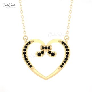 Round Cut Heart Necklace In 0.2 Ct Black Diamond Pave Set In 14k Pure Gold Love Necklace