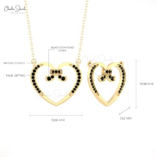 Round Cut Heart Necklace In 0.2 Ct Black Diamond Pave Set In 14k Pure Gold Love Necklace