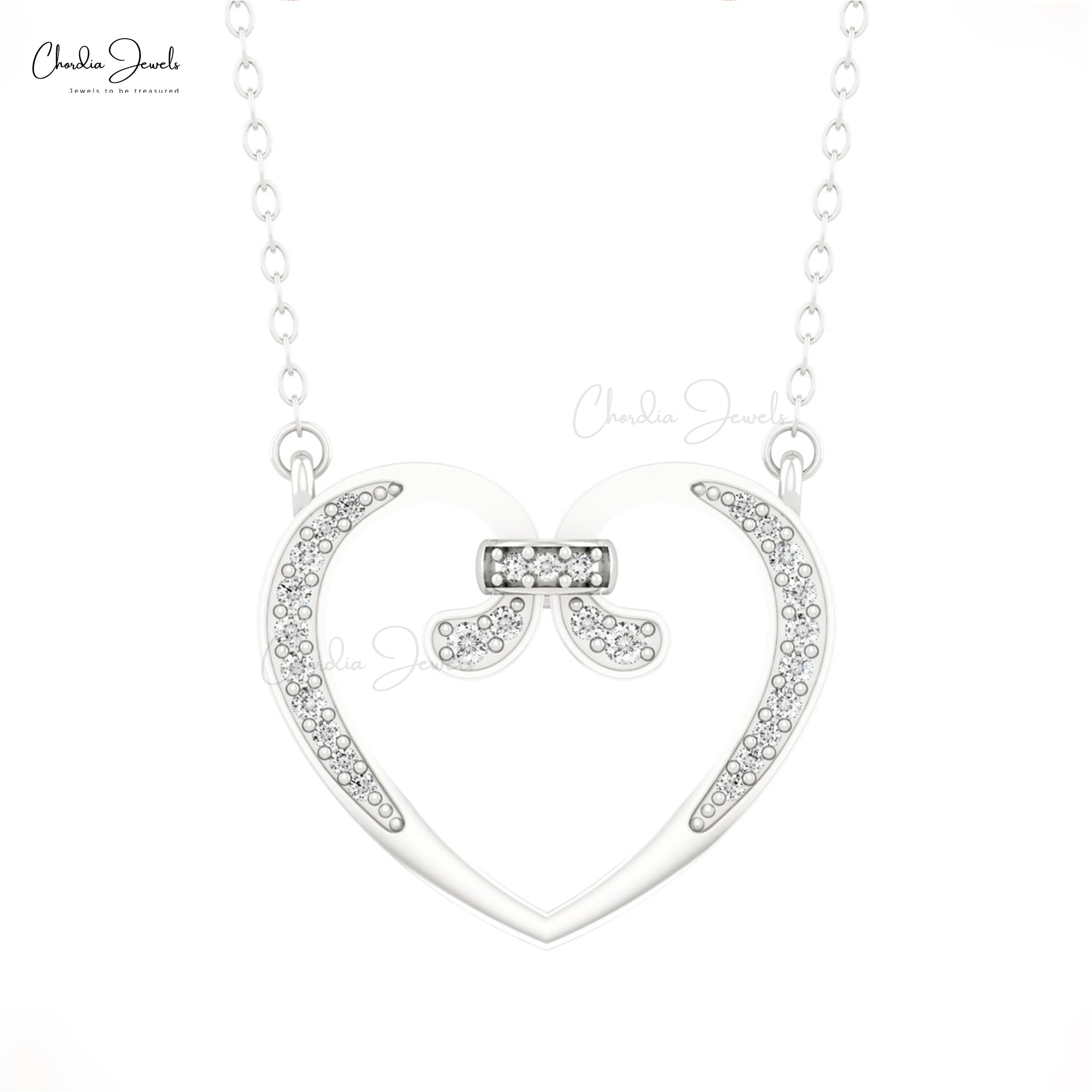Solid 14k Gold Open Heart Necklace With 1.5mm White Diamond April Birthstone Necklaces