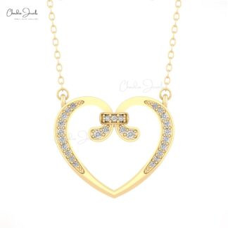 Solid 14k Gold Open Heart Necklace With 1.5mm White Diamond April Birthstone Necklaces