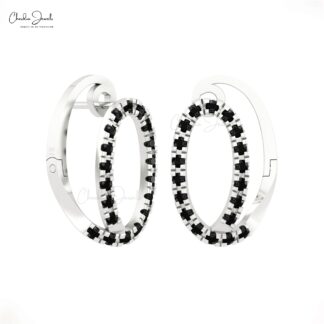 Genuine Black Diamond Hoops With 0.57 Ct Round Pave Set In 14k Solid Gold Huggies Earrings