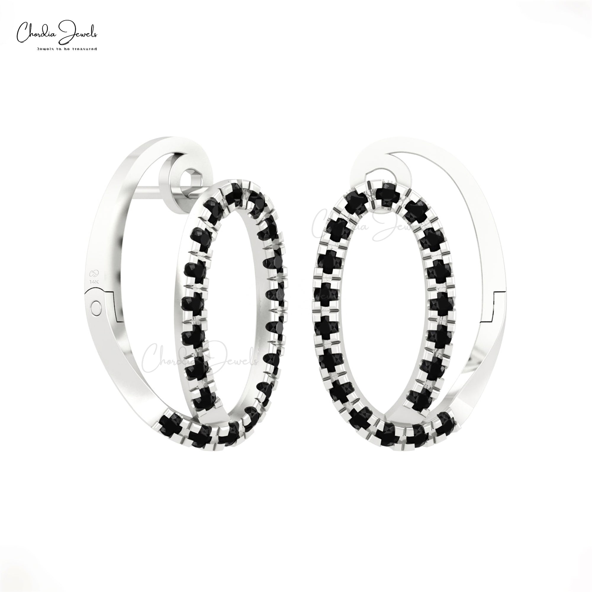 Genuine Black Diamond Hoops With 0.57 Ct Round Pave Set In 14k Solid Gold Huggies Earrings