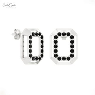 Open Octagon Shape Earrings With 1.5mm Black Diamond April Birthstone Studs In 14k Gold