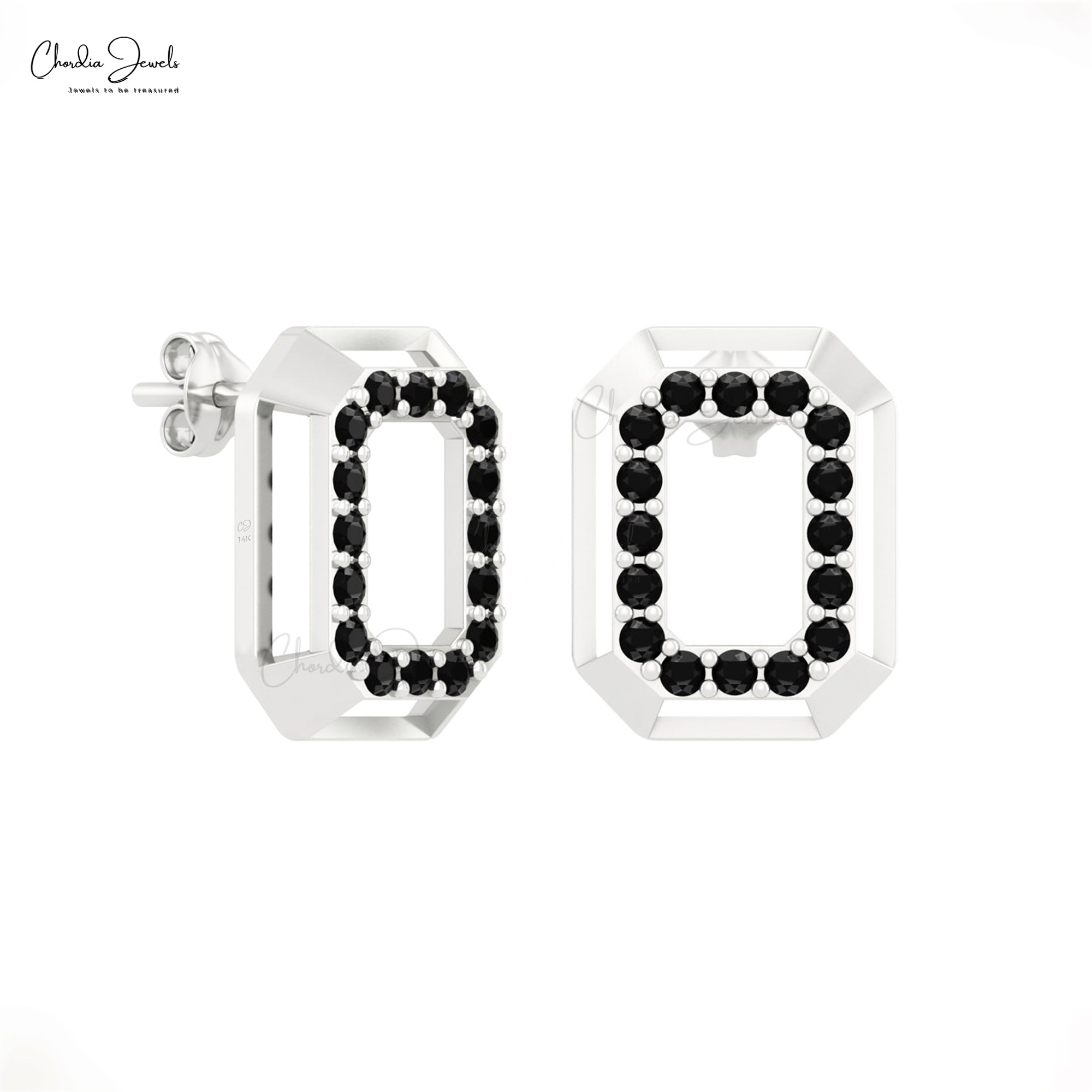 Open Octagon Shape Earrings With 1.5mm Black Diamond April Birthstone Studs In 14k Gold