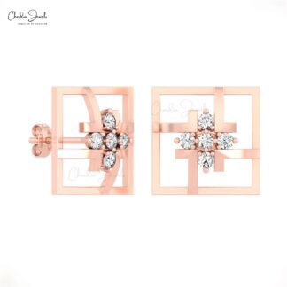 Five Stone Round Cut Studs In 2mm White Diamond Accents In 14k Solid Gold Square Earrings