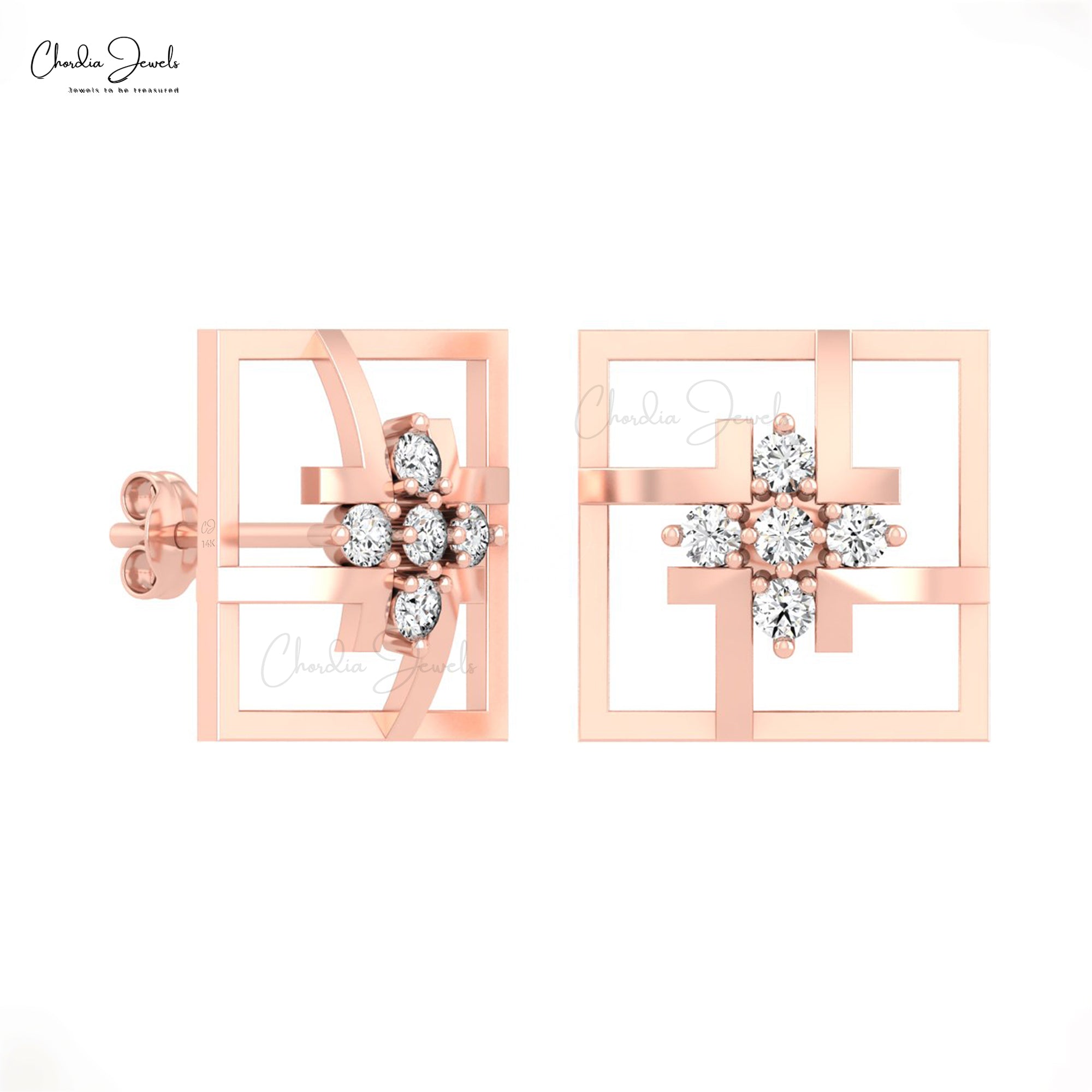 Five Stone Round Cut Studs In 2mm White Diamond Accents In 14k Solid Gold Square Earrings