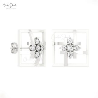 Five Stone Round Cut Studs In 2mm White Diamond Accents In 14k Solid Gold Square Earrings