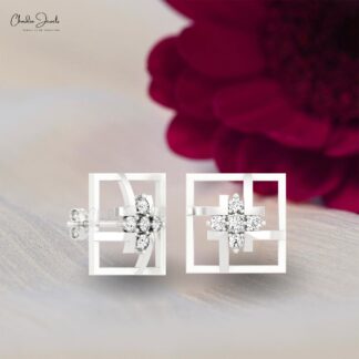 Five Stone Round Cut Studs In 2mm White Diamond Accents In 14k Solid Gold Square Earrings